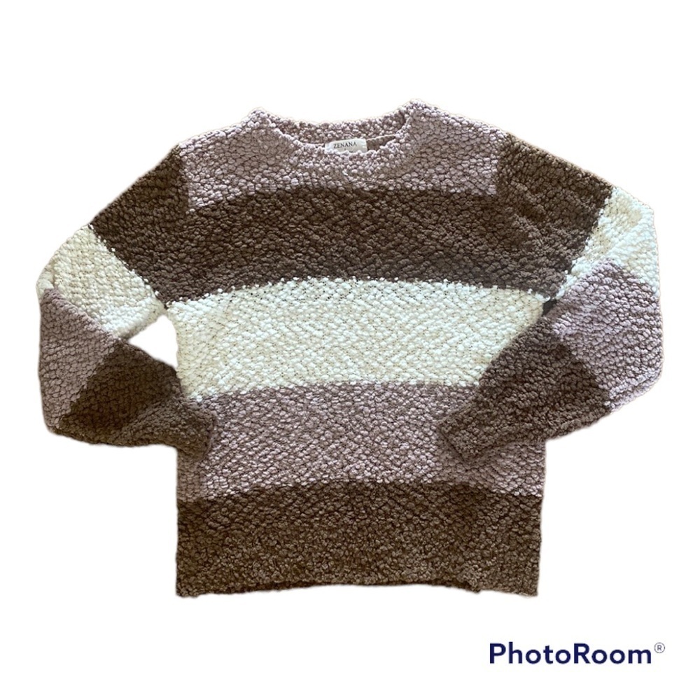 Zenana Striped Brown Cream Women’s Sweater Large